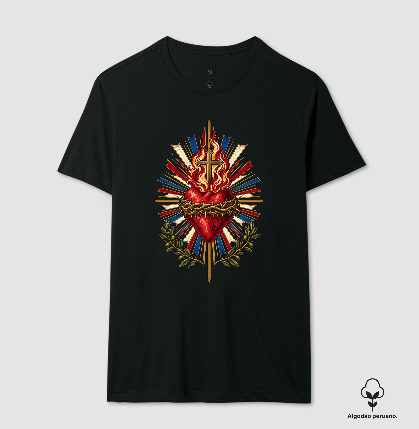 Sagrado Coração - Chama de Misericórdia - Cristo Vivo - Camiseta Algodão Peruano