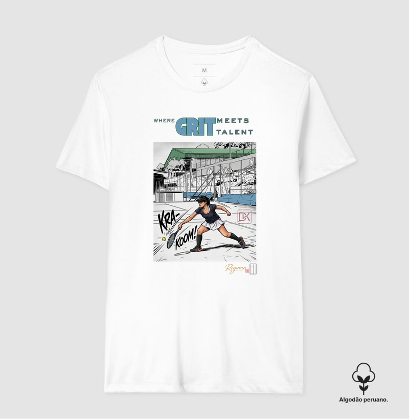 Camiseta Masculina, Feminina, Babylook e Unissex Tennis “Where GRIT meets talent.” Algodão Peruano 