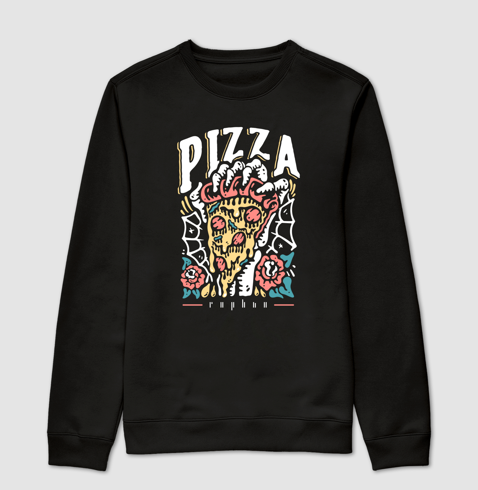 Caveira segurando fatia de pizza e rosas