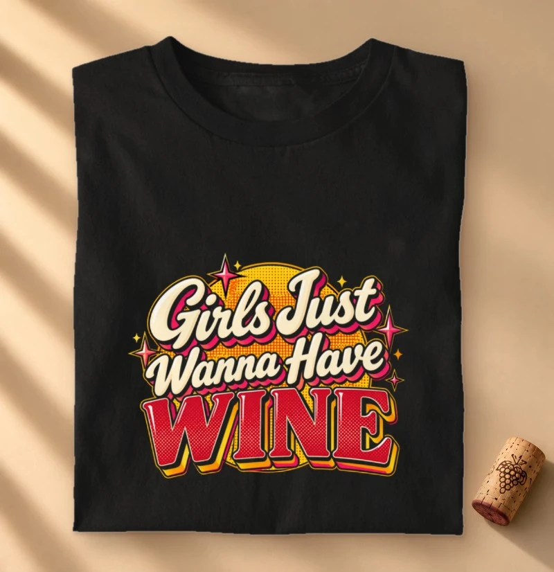 Camiseta Girls Just Wanna Have Wine – Estampa Retrô de Vinho - Camiseta