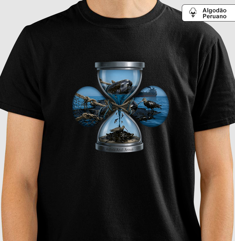 Camiseta Premium Algodão Peruano AROUA Studio (IA) — Maré Negra (Asfixia Azul, Tanguis, Petróleo no Mar, Blue on White)