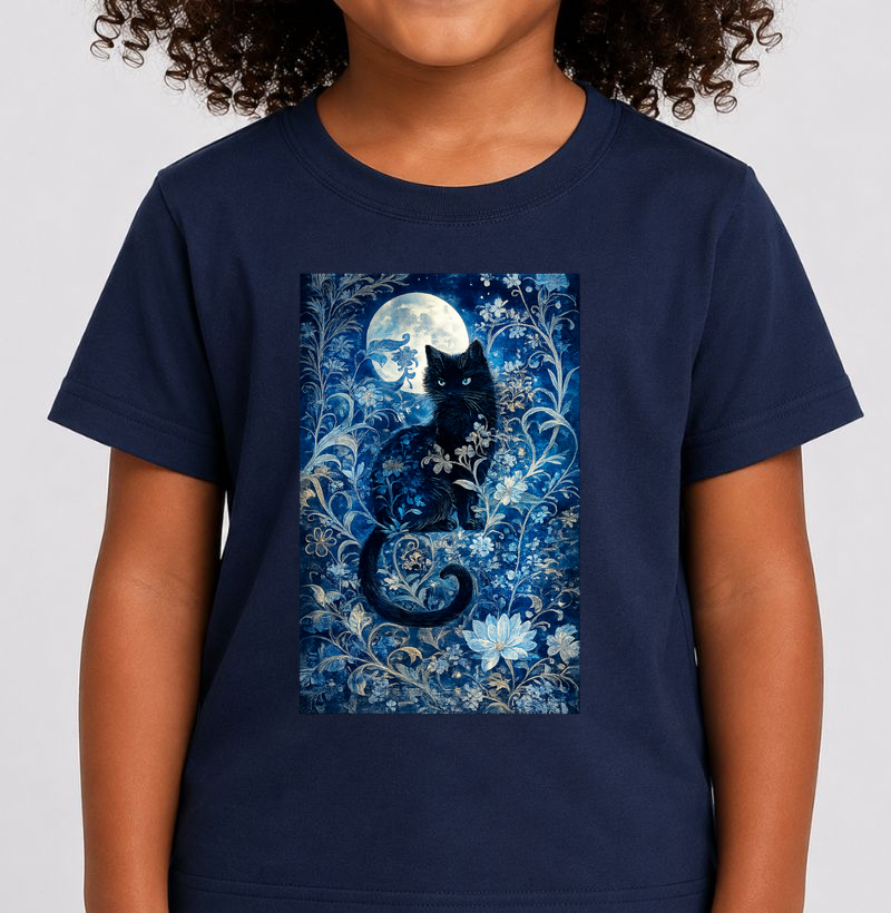 Camiseta Infantil Gato Preto e Luar Místico