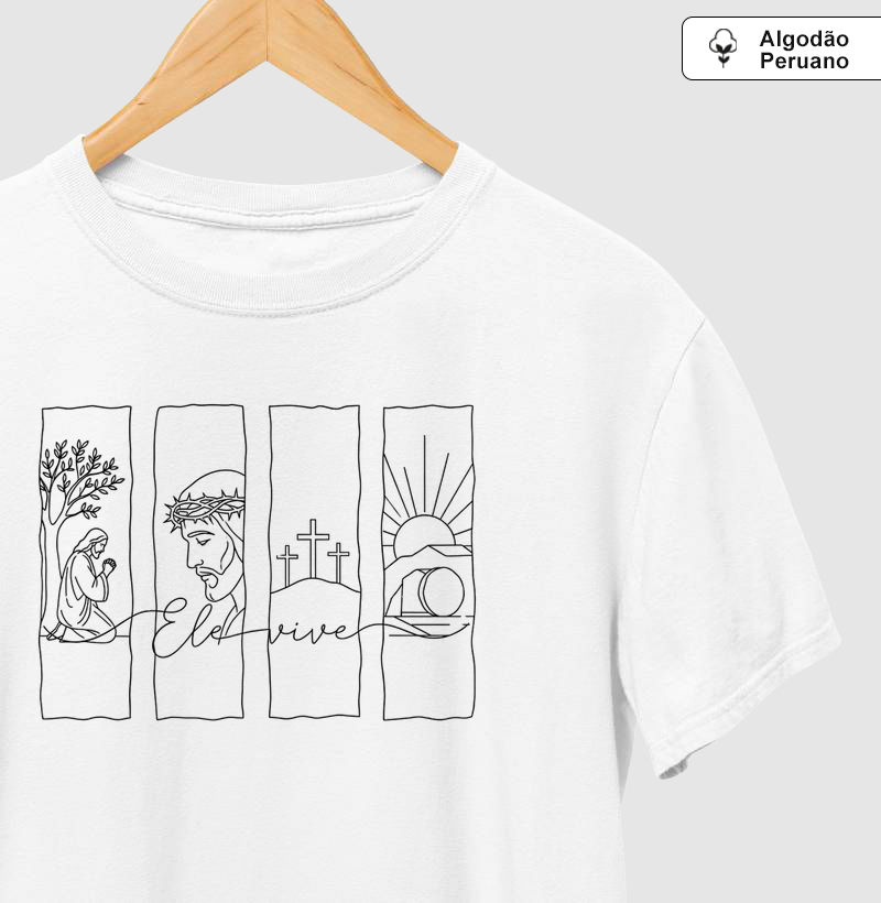 Camiseta Algodão Peruano Ele Vive Traços Finos
