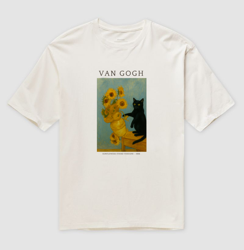 Camiseta Sunflowers & Gato – Van Gogh Reimaginado