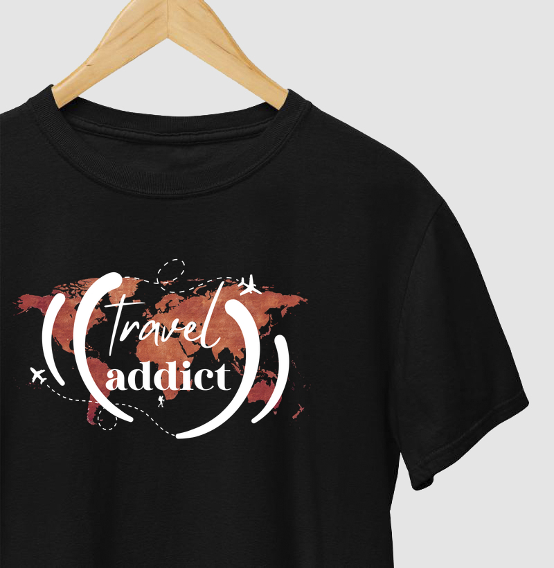 Camiseta Travel Addict | Mapa Mundi Dourado Viagem | Colecao Viciados em Viagem