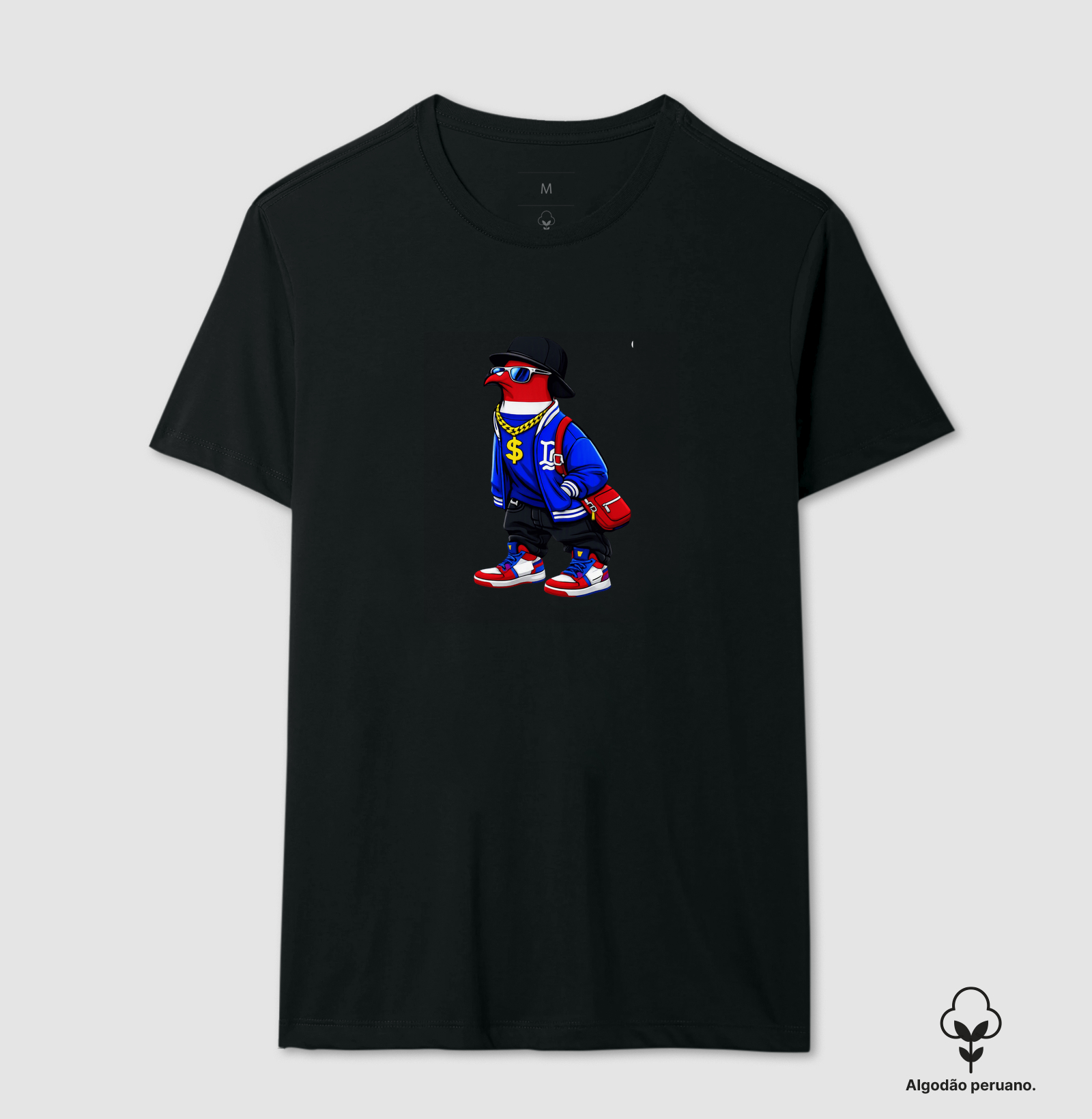 Essa arte vibrante e cheia de atitude traz um estilo com visual de rua, combinando moda hip-hop, cores marcantes e confiança total. - Camiseta Algodão Peruano