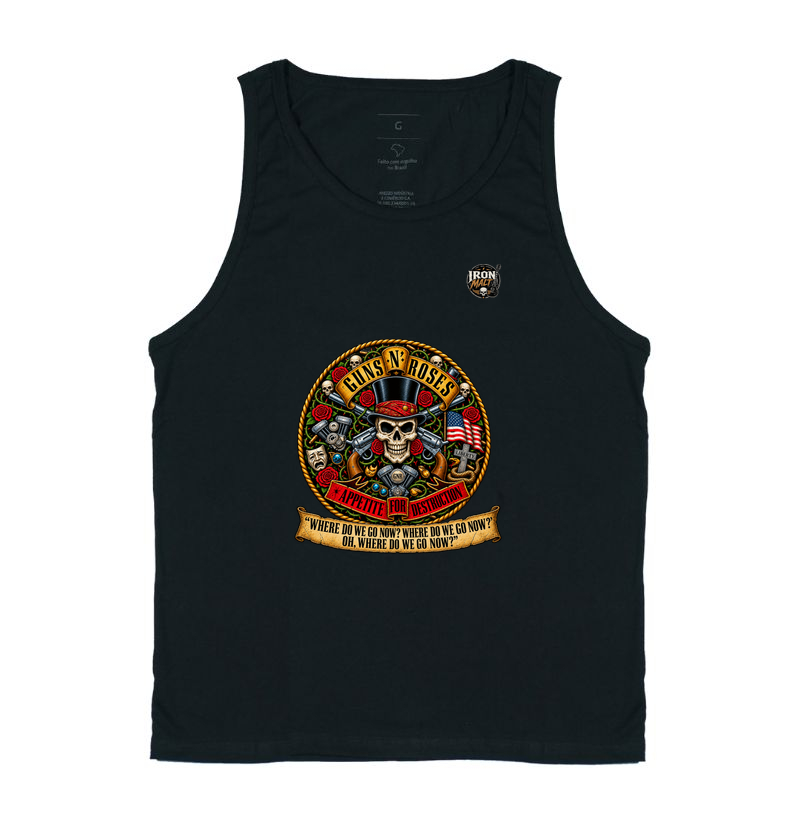 Camiseta Regata Guns N’ Roses Caveira, Rosas e Revólveres - Regata