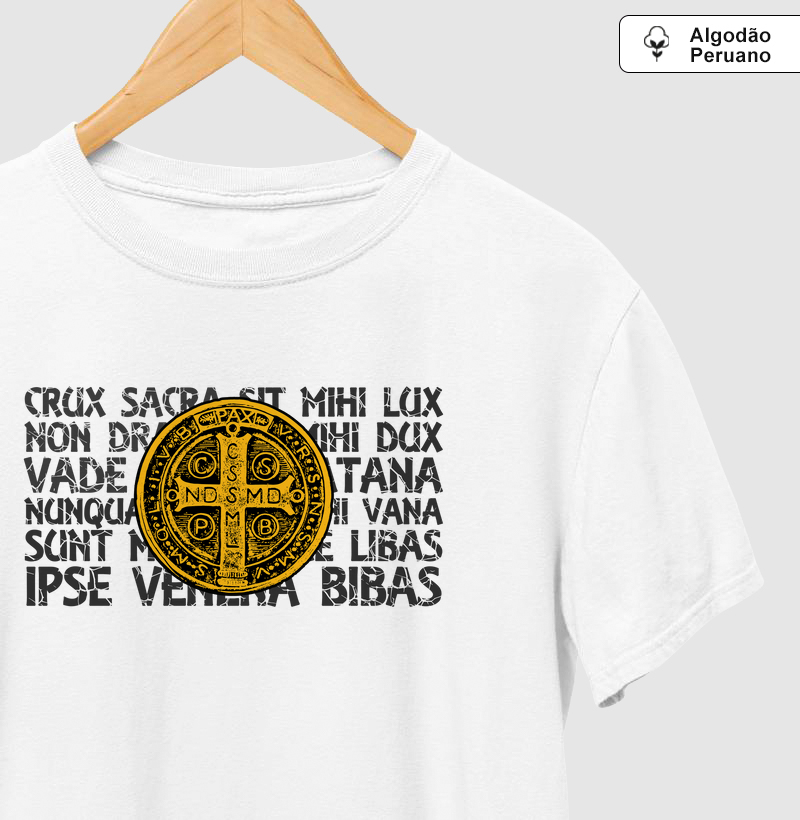 Medalha de São Bento e a Oração cor Amarelo - Algodão Peruano