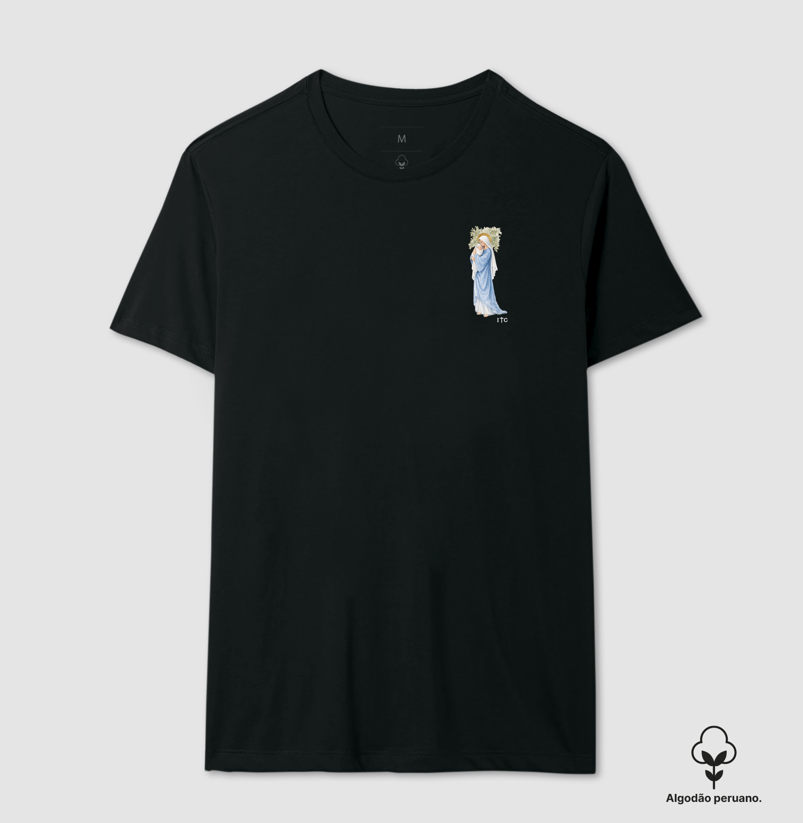 Camiseta Nossa Senhora Segurando Menino Jesus em Aquarela Algodão Peruano