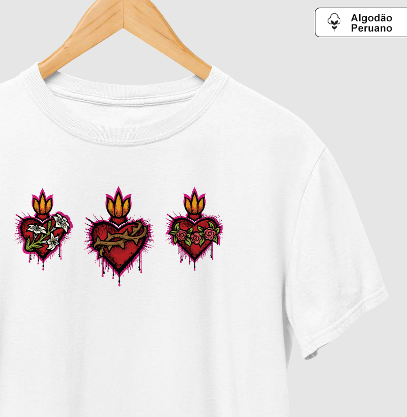 Sagrados Corações de Maria, Jesus e José em Grafite - Algodão Peruano