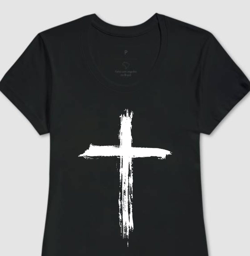 Camiseta Fem. Cruz Pincelada - Estampa Branca
