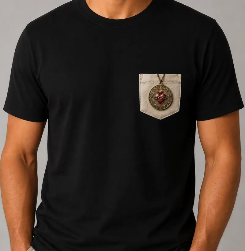 Camiseta Algodão Peruano Medalhão do Sagrado Coração de Jesus
