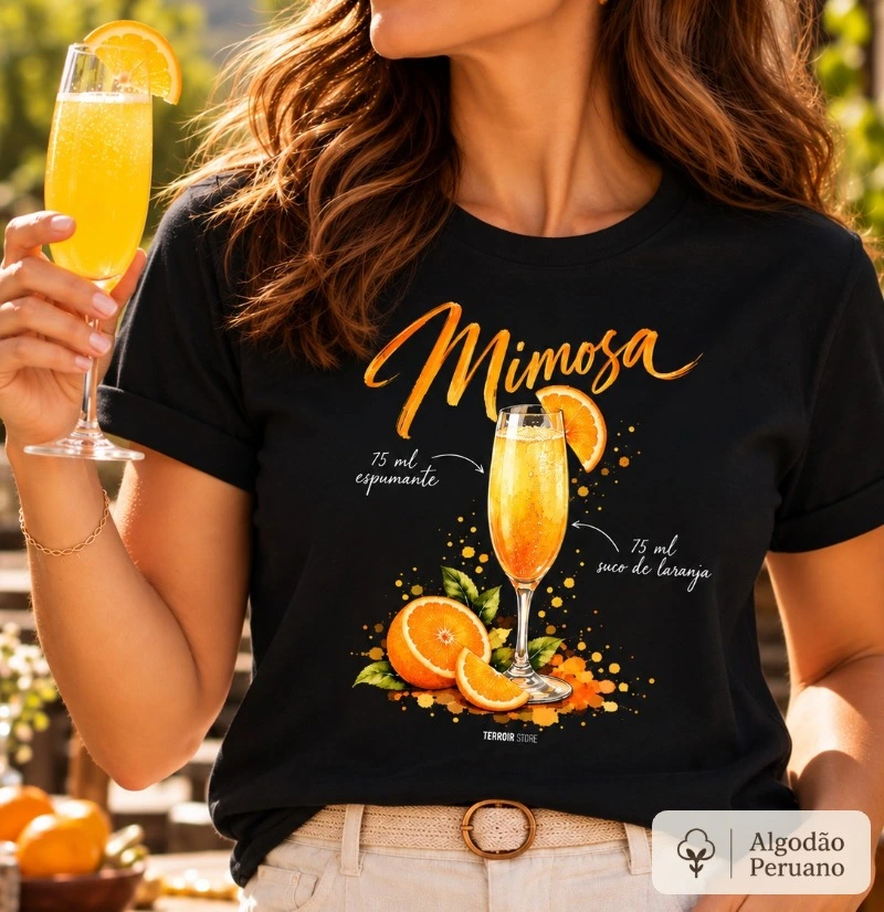 Camiseta Algodão Peruano Mimosa – Drink com Espumante e Suco de Laranja