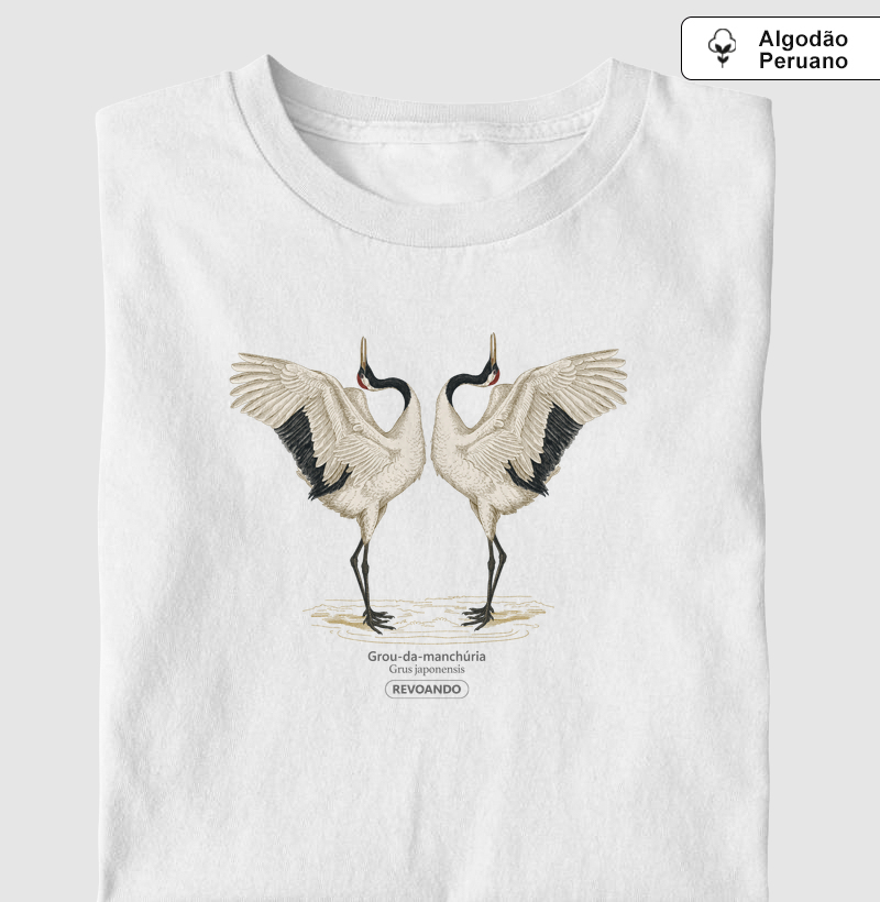 Traços Alados - Grou-da-manchúria (Tsuru) - Algodão Peruano - Camiseta Algodão Peruano