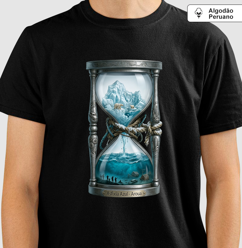 Camiseta Premium Algodão Peruano AROUA Studio (IA) — Ampulheta do Degelo (Asfixia Azul, Tanguis, Blue on White, Premium)