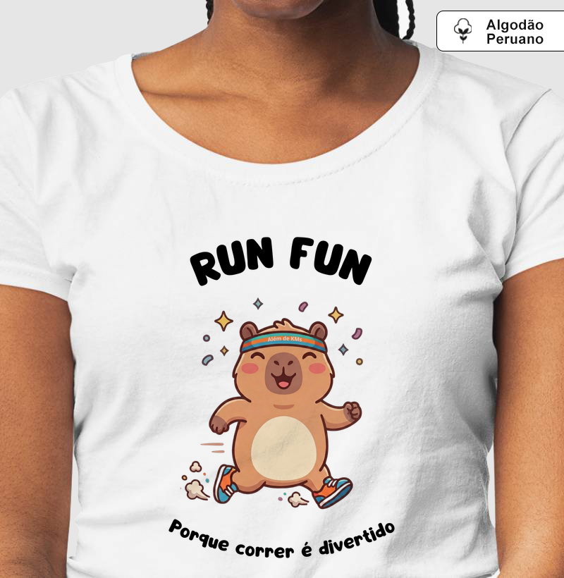 Alem de KMs - RUN FUN - Capivara Corredora - Camiseta Algodão Peruano