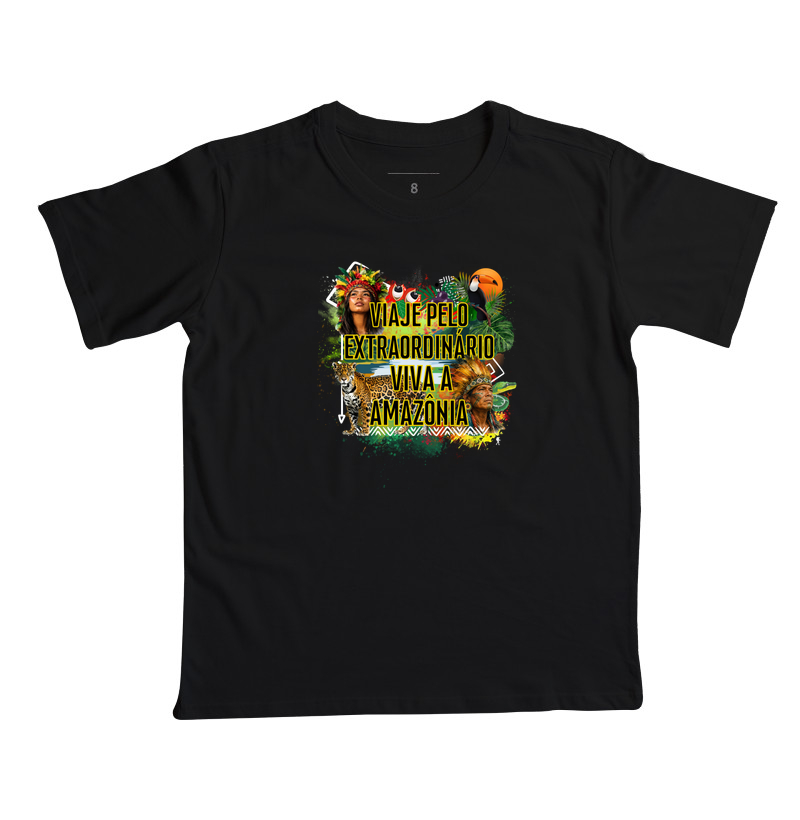 Camiseta Viaje pelo Extraordinario Viva a Amazonia | Onca Tucano Indigena | Colecao Viciados em Viagem