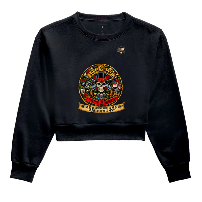 Cropped Moletom Guns N’ Roses Caveira, Rosas e Revólveres - Cropped Moletom