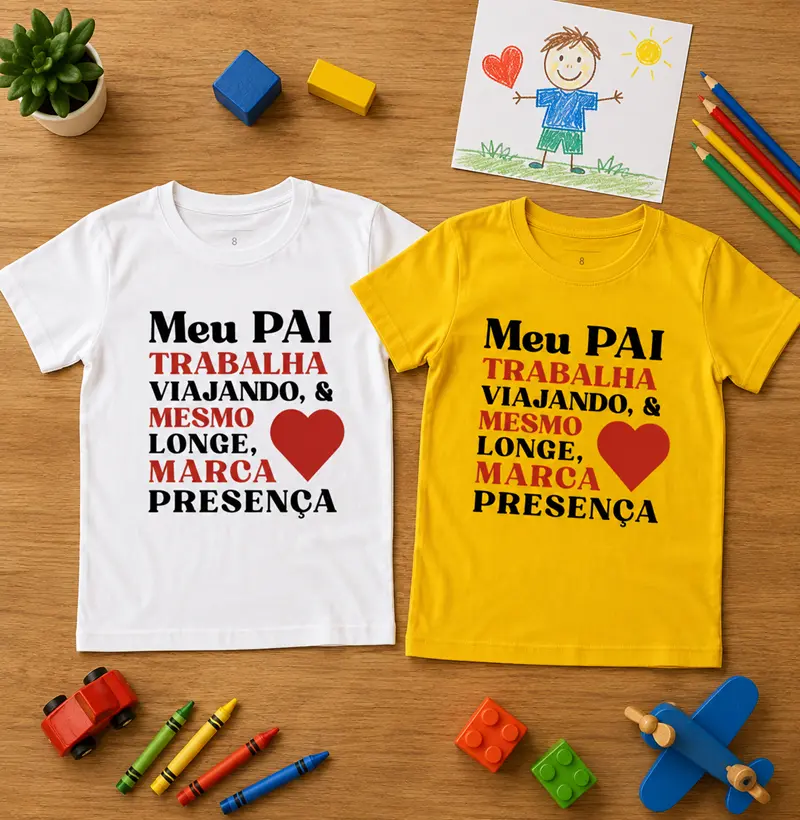 1 Camiseta Infantil - Meu Pai Trabalha Viajando, mas sempre Marca Presença