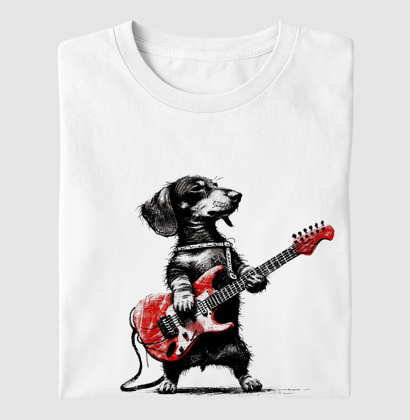 Dachshund tocando guitarra vermelha 