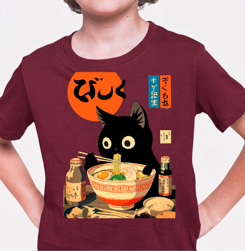 Camiseta Infantil Gato Comendo Ramen Japones - Algodão Penteado 