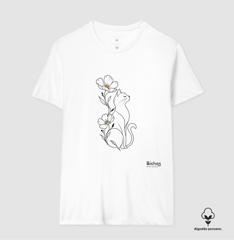 Gato e sua flor - Camiseta Algodão Peruano