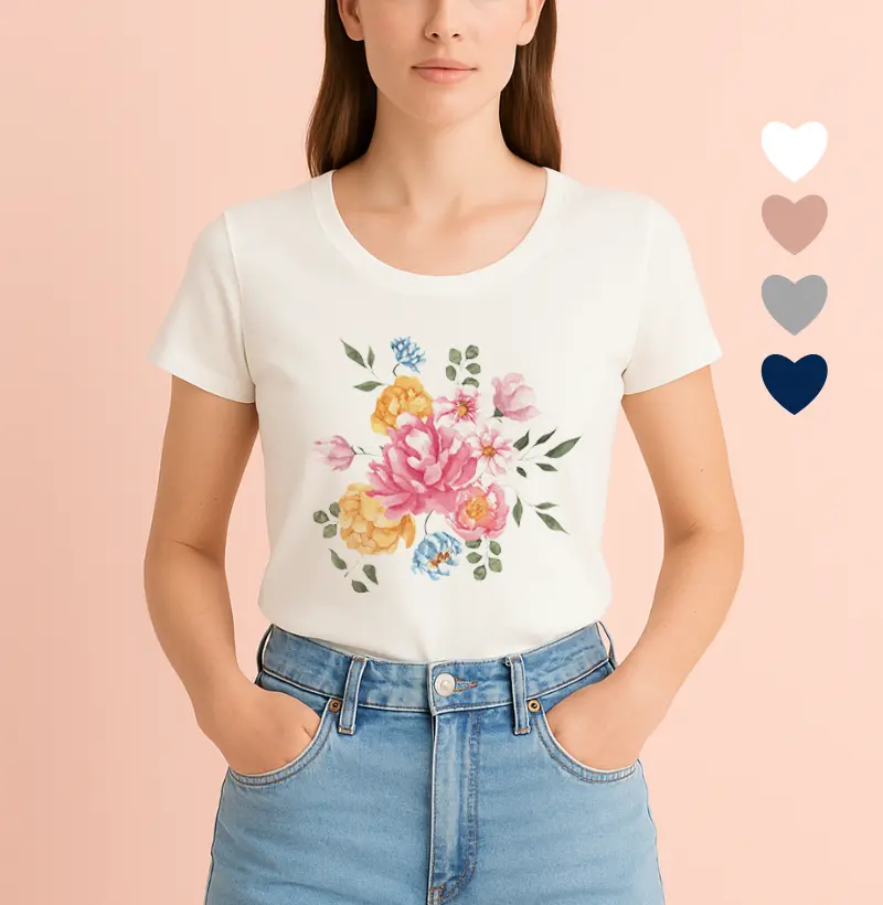 Camiseta Feminina Ilustrada Flores Coloridas