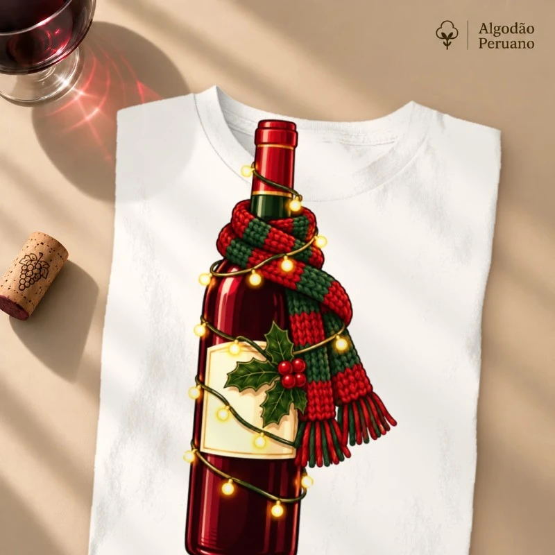 Camiseta Algodão Peruano Natal com Vinho – Garrafa de Cachecol e Pisca-Pisca - Camiseta Algodão Peruano