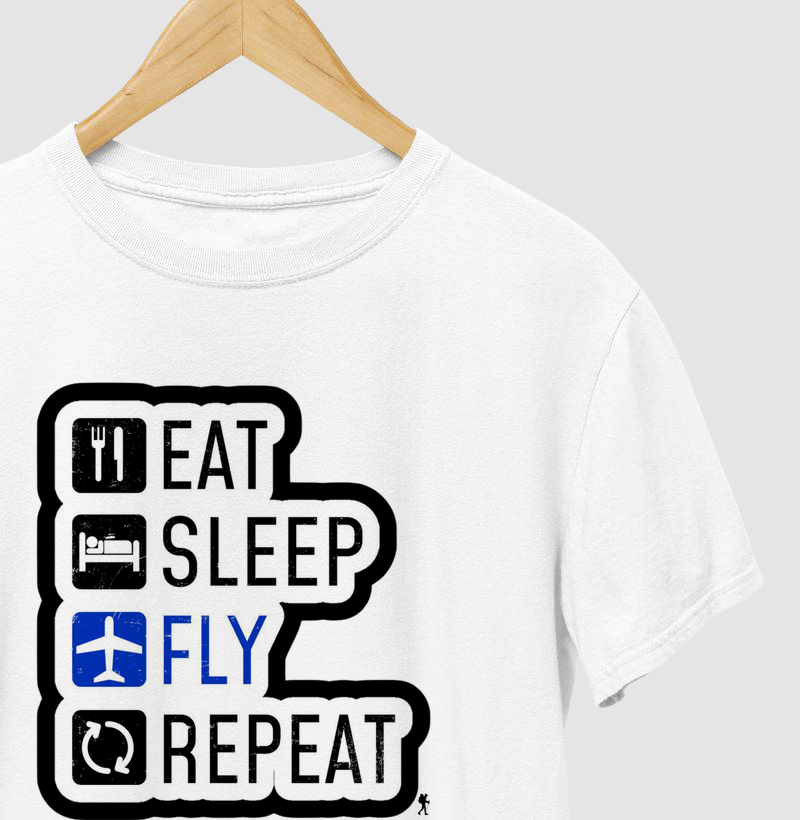 Camiseta Eat Sleep Fly Repeat | Rotina do Viajante Viciado | Colecao Viciados em Viagem