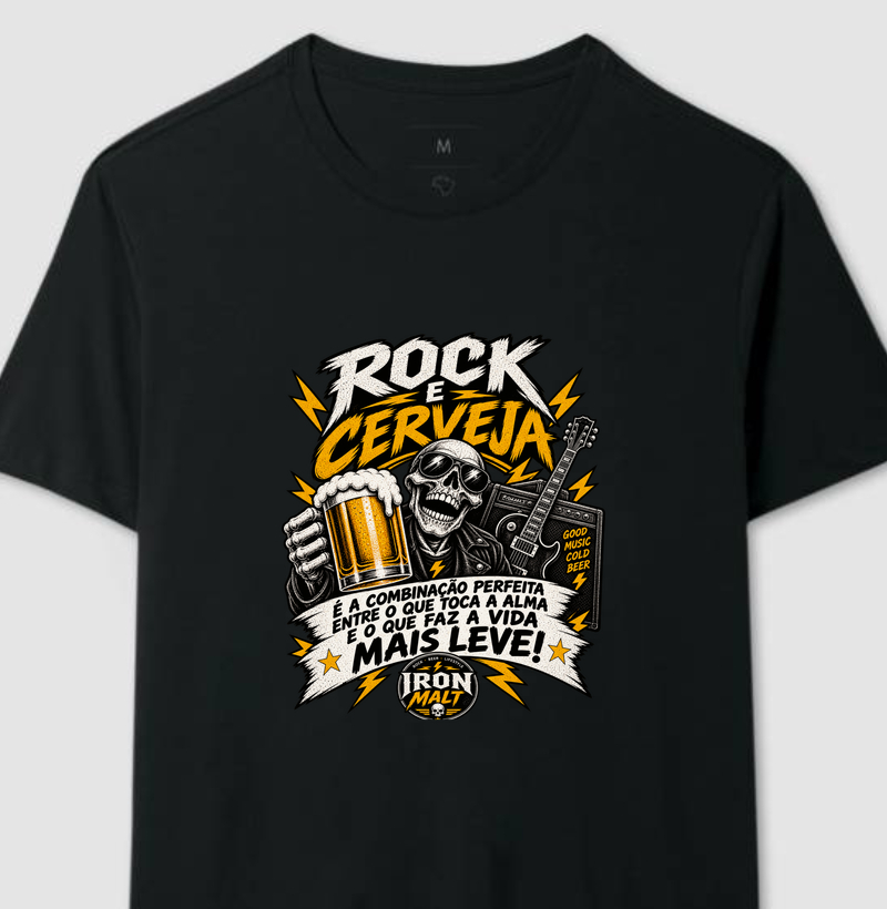 Camiseta Rock e Cerveja – Estampa Rock and Roll, Música e Cerveja