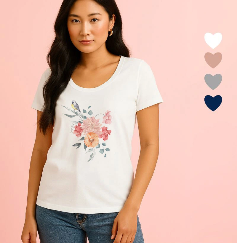 Camiseta Feminina Ilustrada Pássaro e Flores III