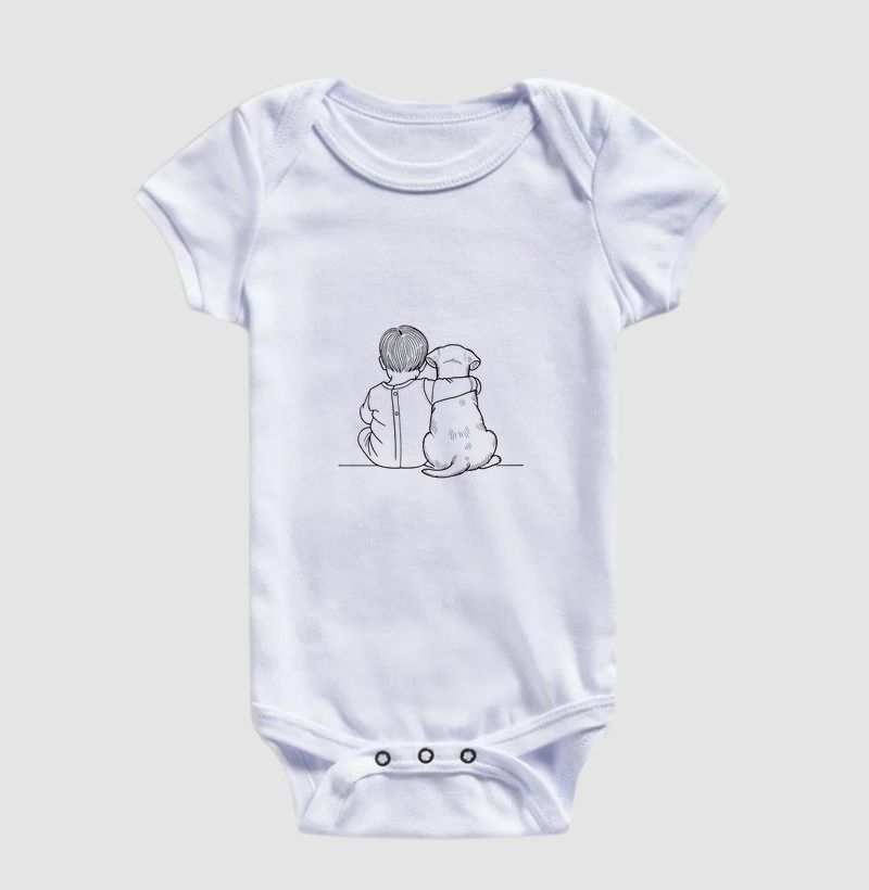 Abraço - bebê menino e cachorro pequeno (minimalista) (body bebê)