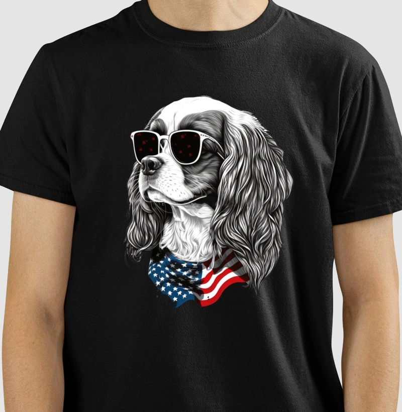 Camiseta com Estampa de um Cavalier Spaniel de Óculos