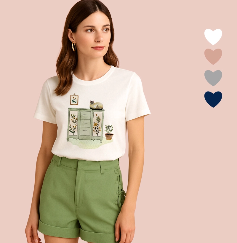 Camiseta Feminina Ilustrada Gato e Armário