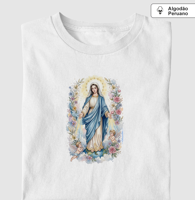 Camiseta Nossa Senhora das Graças - Raios de Luz e Anjos - Camiseta Algodão Peruano