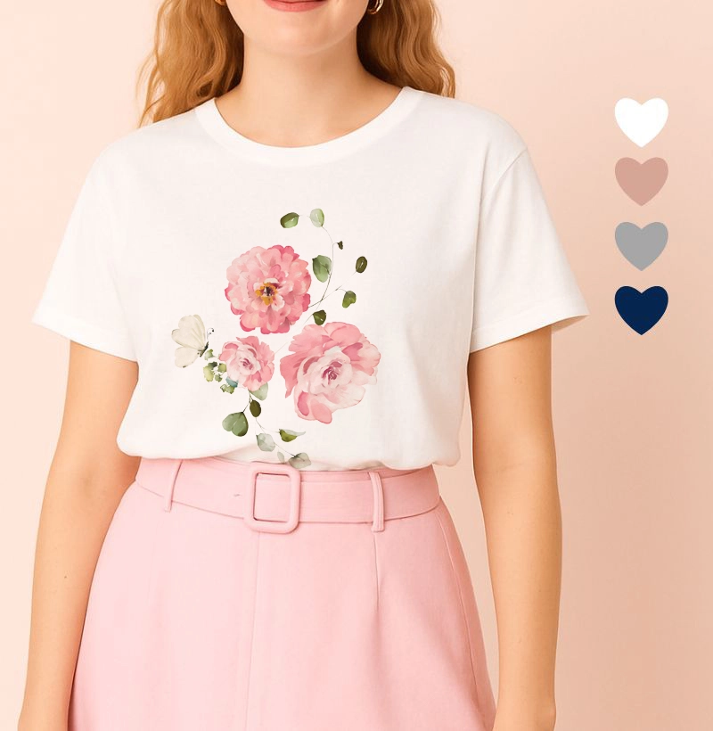 Camiseta Feminina Ilustrada Flores Vermelha