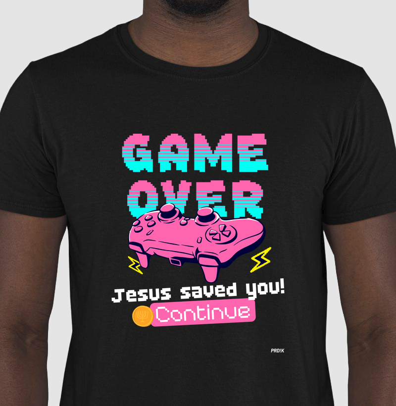 Camiseta Algodão com Estampa - Game Over? Jesus Saved!
