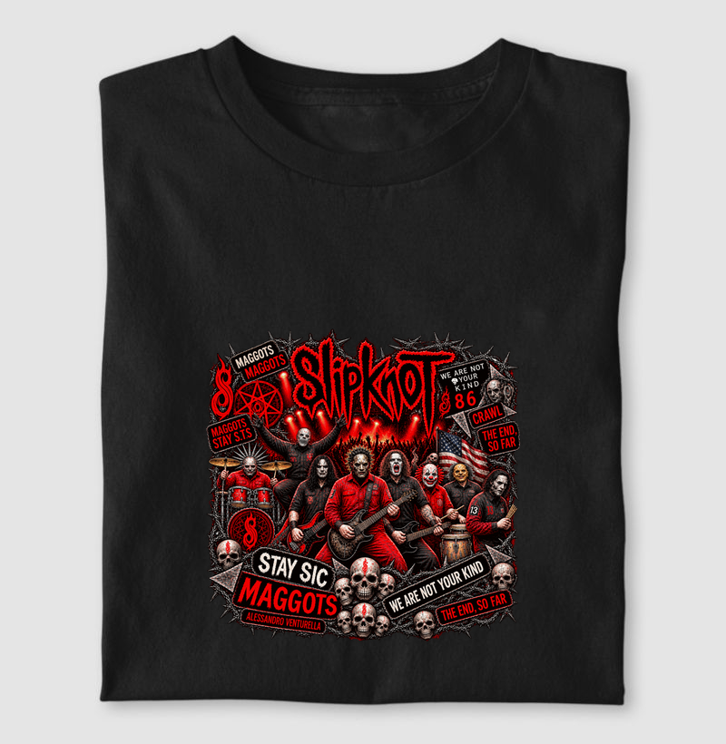 Camiseta Nu Metal Rock com Estampa Slipknot, Skull e Visual Dark