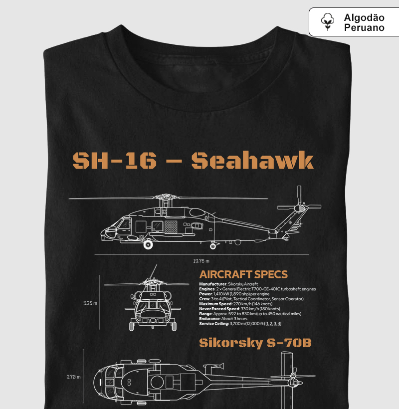 SH-16 – Seahawk | Sikorsky S-70B - Blueprint - Camiseta Algodão Peruano