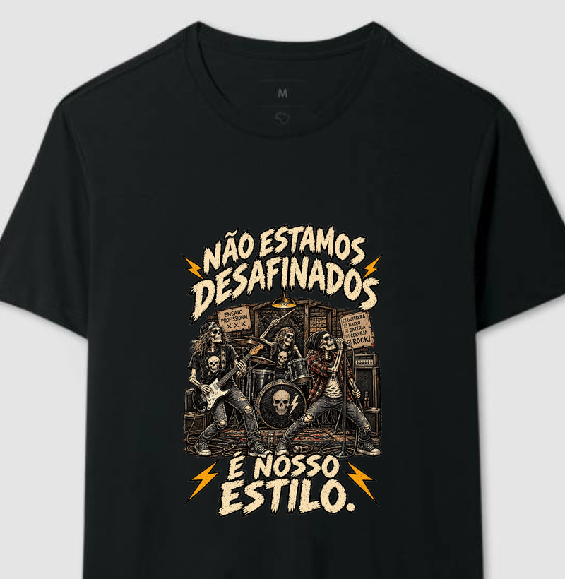 Camiseta Rock Não Estamos Desafinados – Caveiras, Guitarra e Estilo Rock’n’Roll - Camiseta