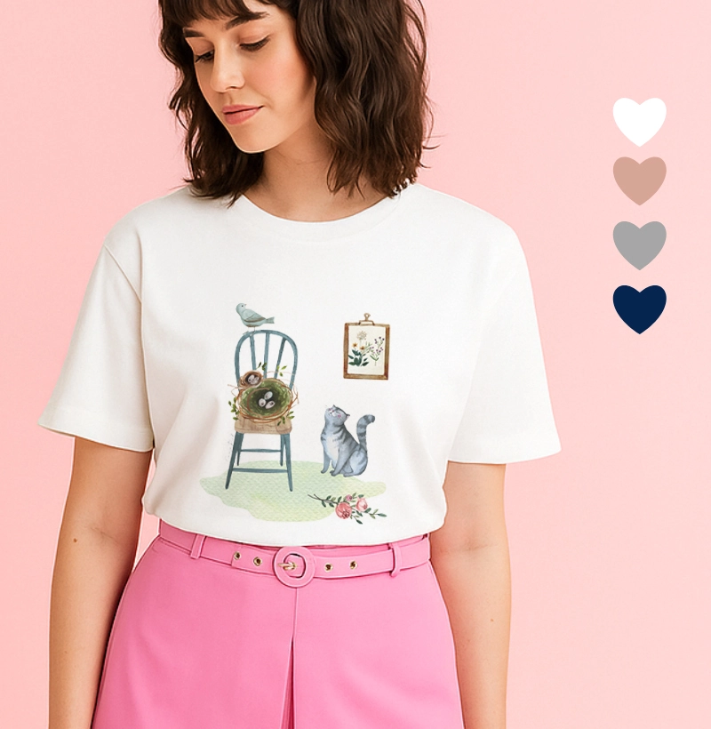 Camiseta Feminina Ilustrada cadeira e gato