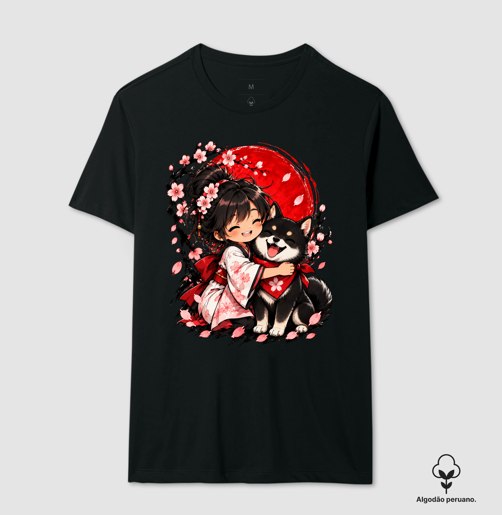 Sakura & Shiba — Amizade que Floresce (Preto) - Camiseta Algodão Peruano
