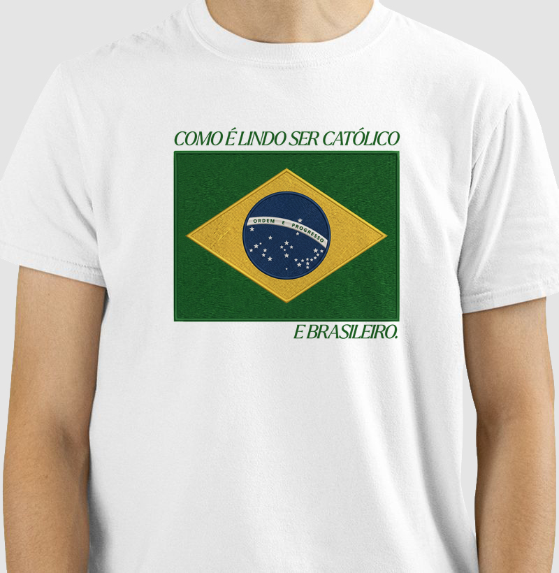 Camiseta Masculina Católica Bandeira Estilo Bordada - Camiseta