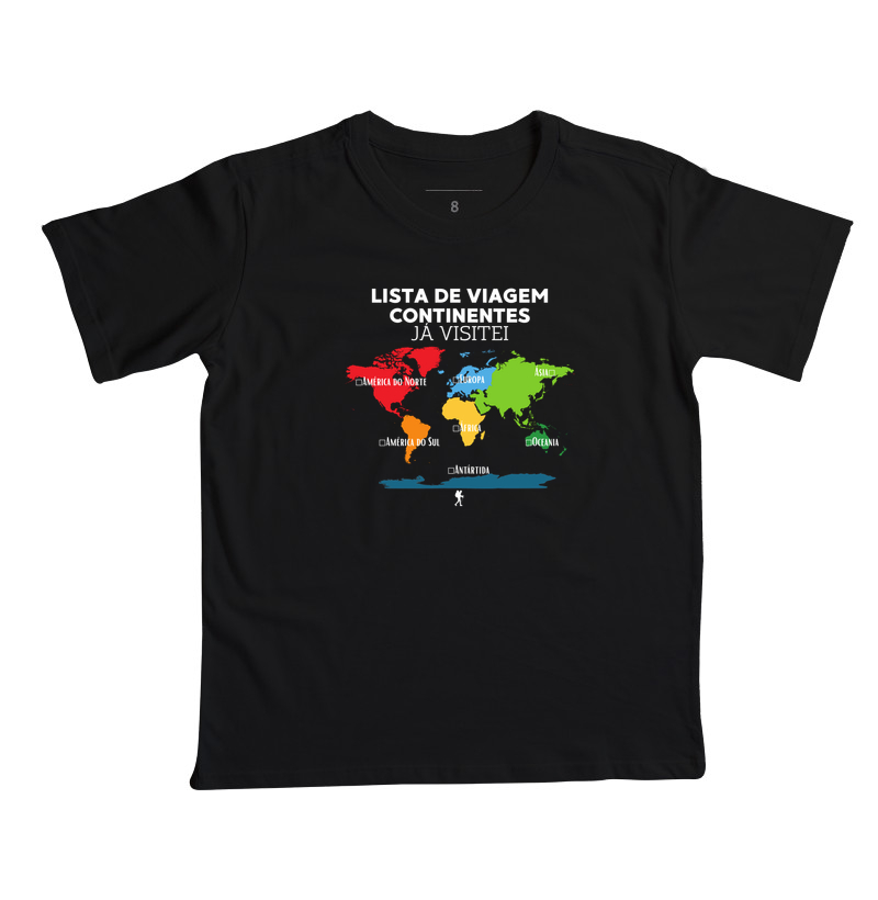 Camiseta Lista de Viagem Continentes Ja Visitei | Mapa Mundi Auto Personalizavel | Colecao Personalizaveis