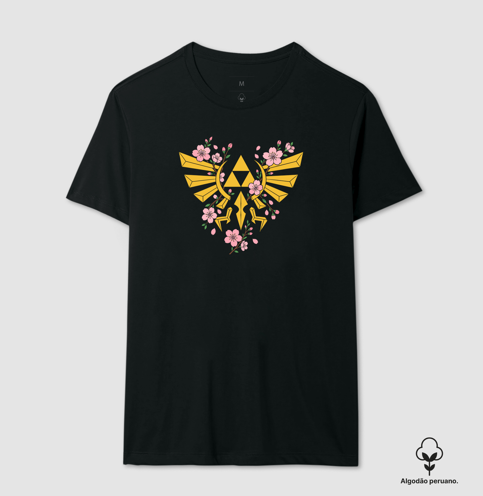 Triforce de Sakura – Brasão Florido - Camiseta Algodão Peruano