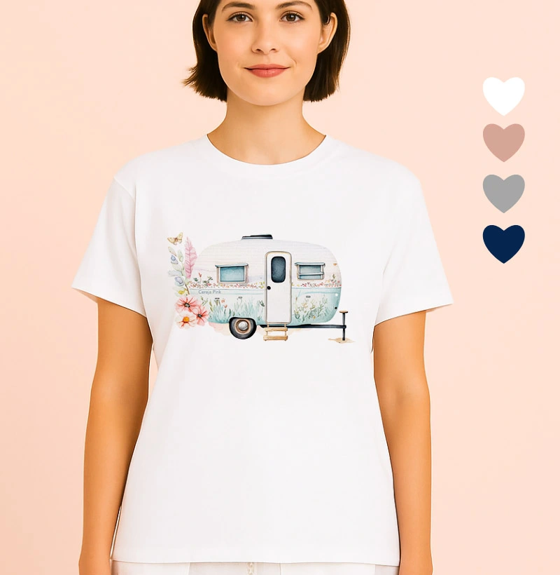Camiseta Feminina Ilustrada Trailer Flores e Borboleta
