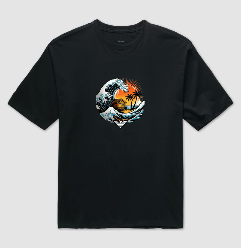 Casa no paraíso - estampa exclusiva Lahu. Onde o mar abraça o lar - vibe, força e brasilidade em cada traço! Sente a força do mar, o calor do sol nas costas e aquela sensação de chegar no lugar onde pertence. - Camiseta Oversized