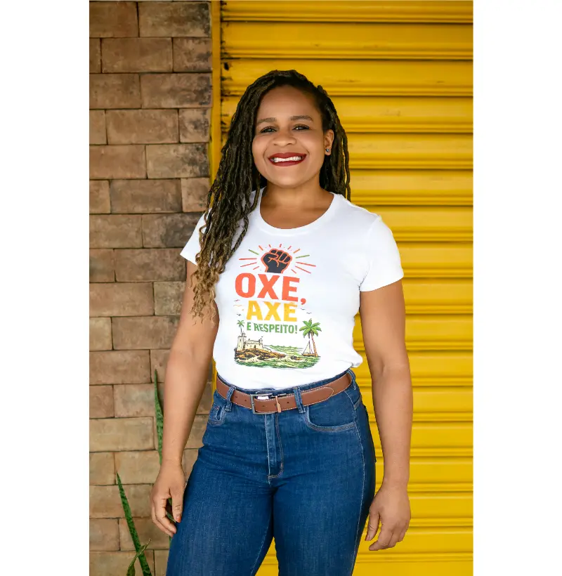 Camiseta Oxe, Axé e Respeito! Coleção Baianês. Masculina e Feminina. Algodão Peruano.