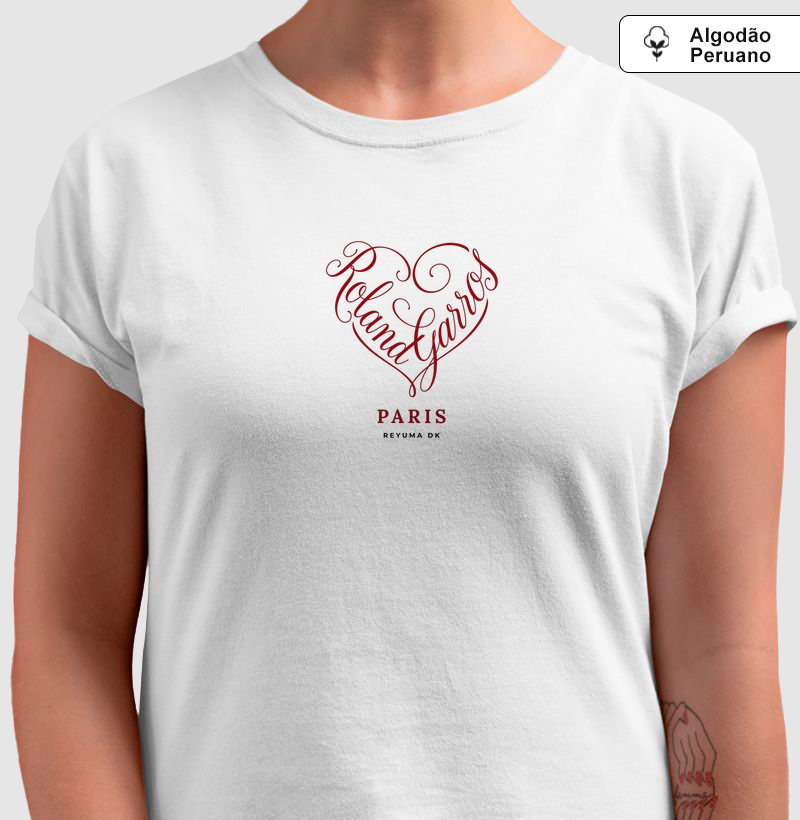 Camiseta Feminina, Babylook Tennis “Roland Garros - Paris Heart” - Algodão Peruano