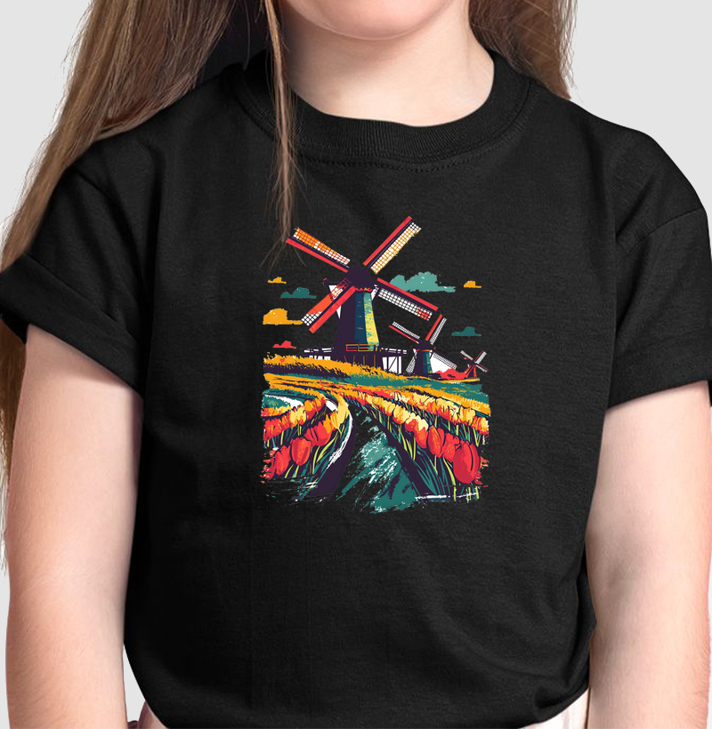 Camiseta Kids Amsterdã e seus Moinhos de Vento